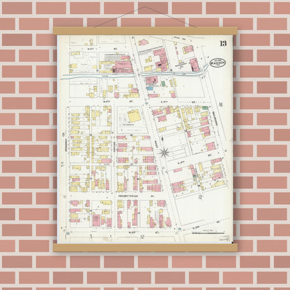 Old map wall art mockup — magnetic wood frame on brick wall — Sanborn Fire Insurance Map from Madison, Jefferson County, Indiana (1904), Sheet #0013