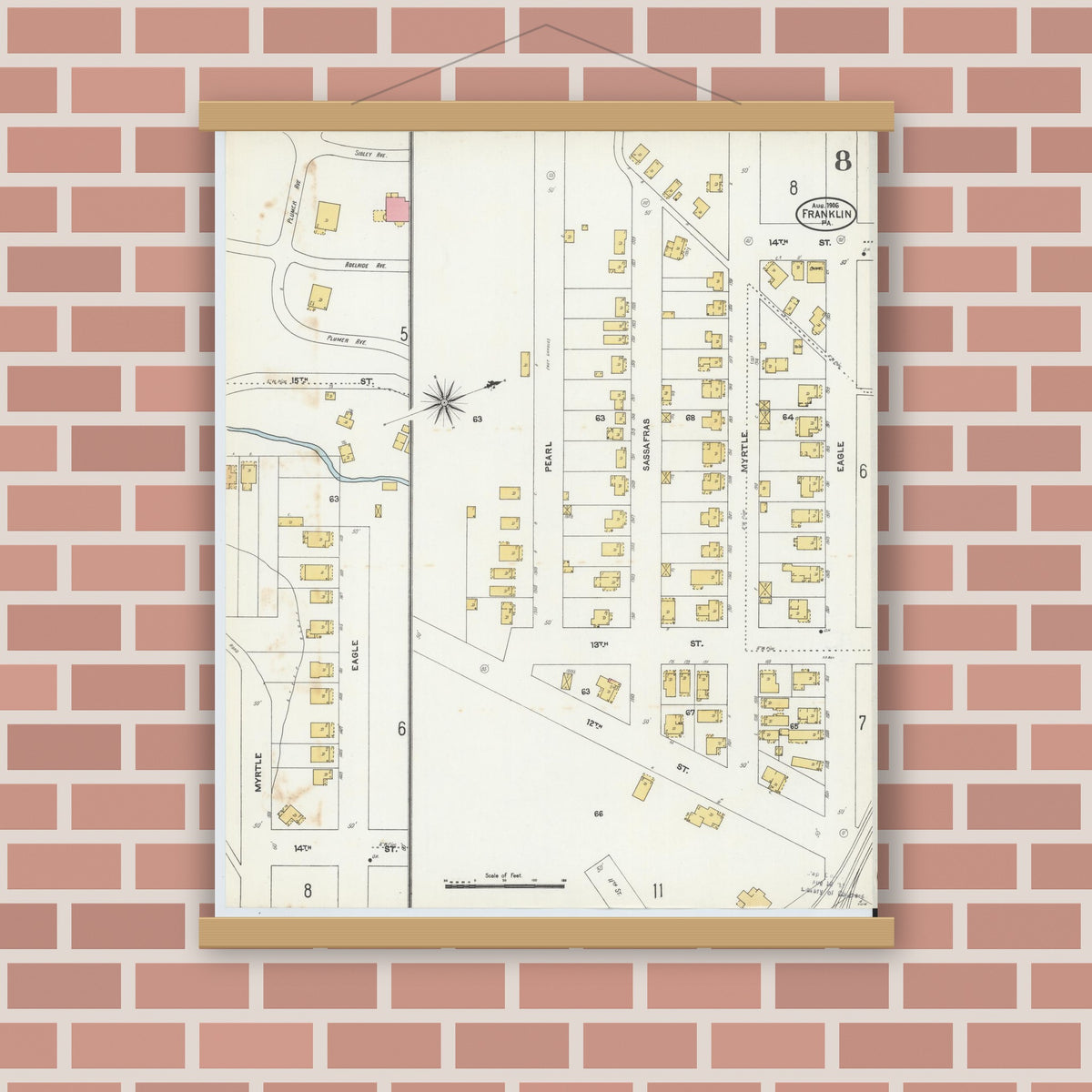 Old map wall art mockup — magnetic wood frame on brick wall — Sanborn Fire Insurance Map from Franklin, Venango County, Pennsylvania (1906), Sheet #0008
