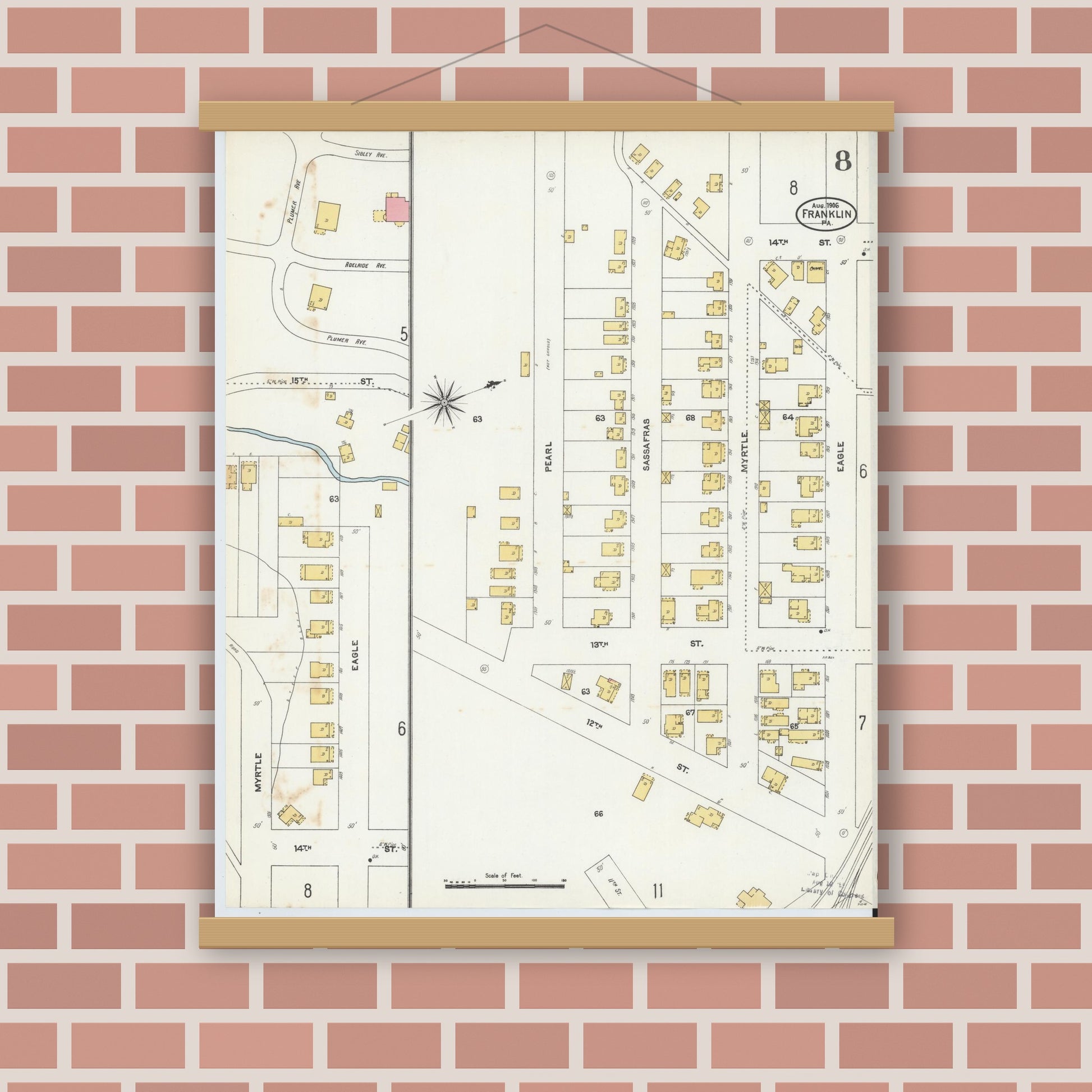 Old map wall art mockup — magnetic wood frame on brick wall — Sanborn Fire Insurance Map from Franklin, Venango County, Pennsylvania (1906), Sheet #0008