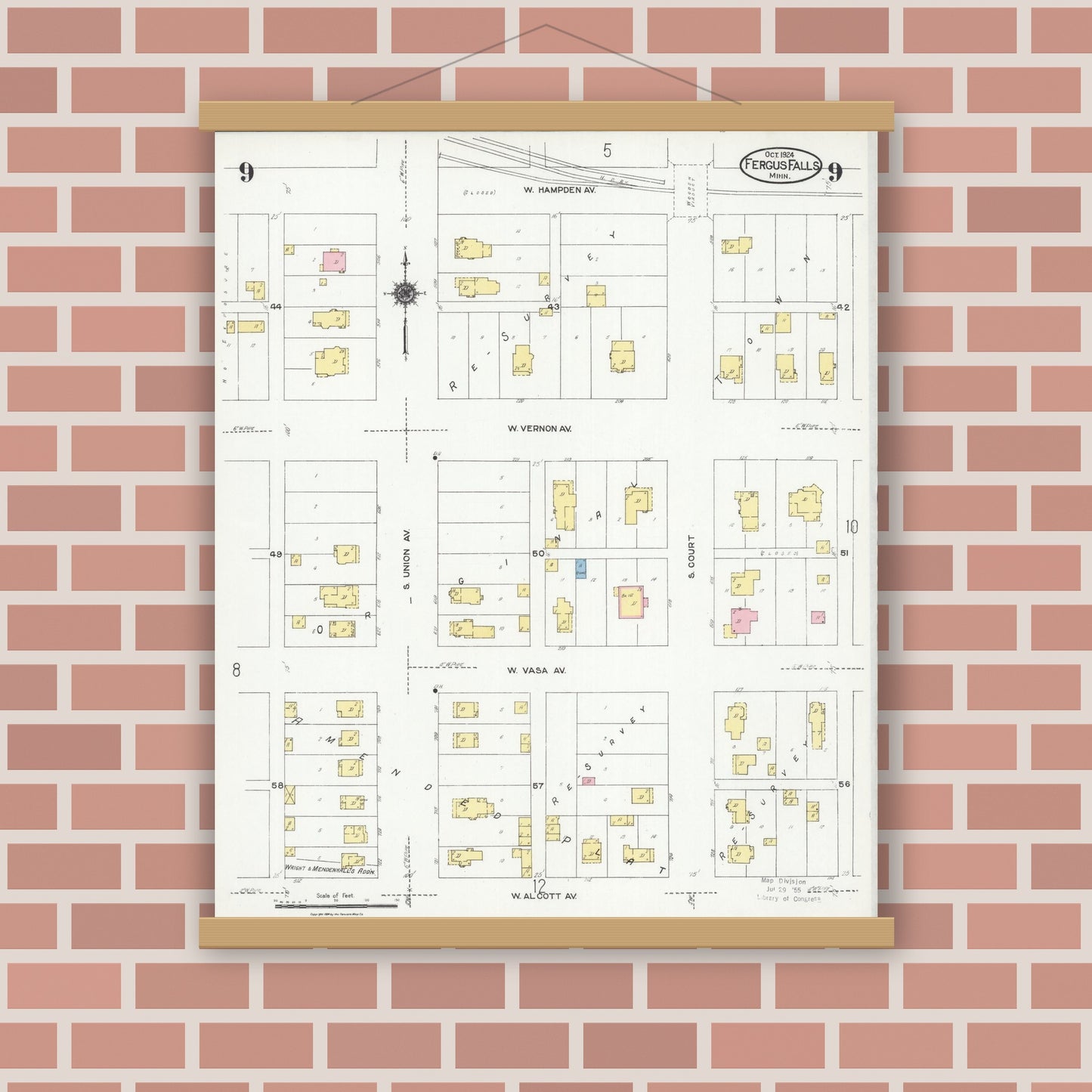 Old map wall art mockup — magnetic wood frame on brick wall — Sanborn Fire Insurance Map from Fergus Falls, Otter Tail County, Minnesota (1924), Sheet #0009