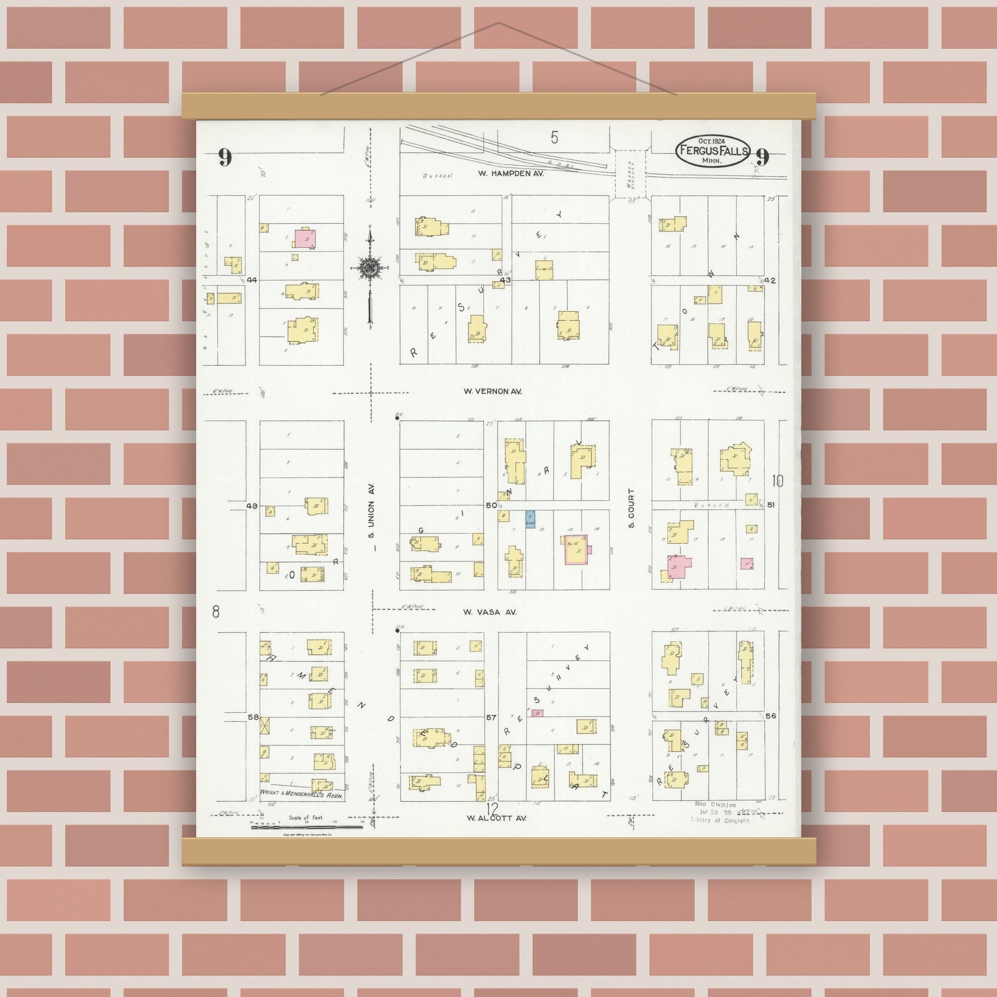 Old map wall art mockup — magnetic wood frame on brick wall — Sanborn Fire Insurance Map from Fergus Falls, Otter Tail County, Minnesota (1924), Sheet #0009