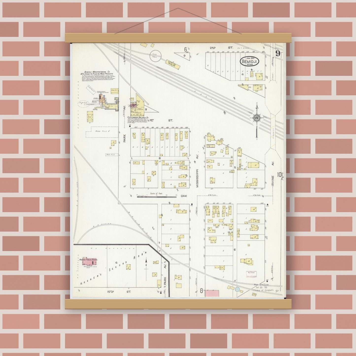 Old map wall art mockup — magnetic wood frame on brick wall — Sanborn Fire Insurance Map from Bemidji, Beltrami County, Minnesota (1914), Sheet #0009