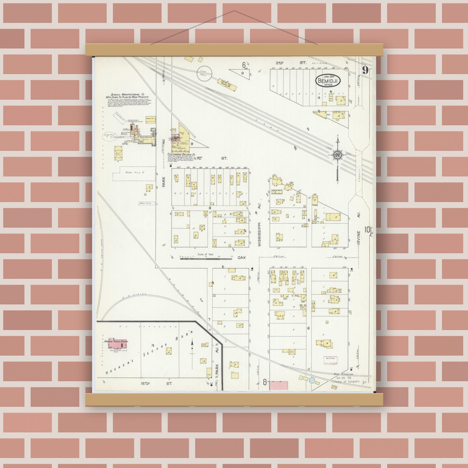 Old map wall art mockup — magnetic wood frame on brick wall — Sanborn Fire Insurance Map from Bemidji, Beltrami County, Minnesota (1914), Sheet #0009