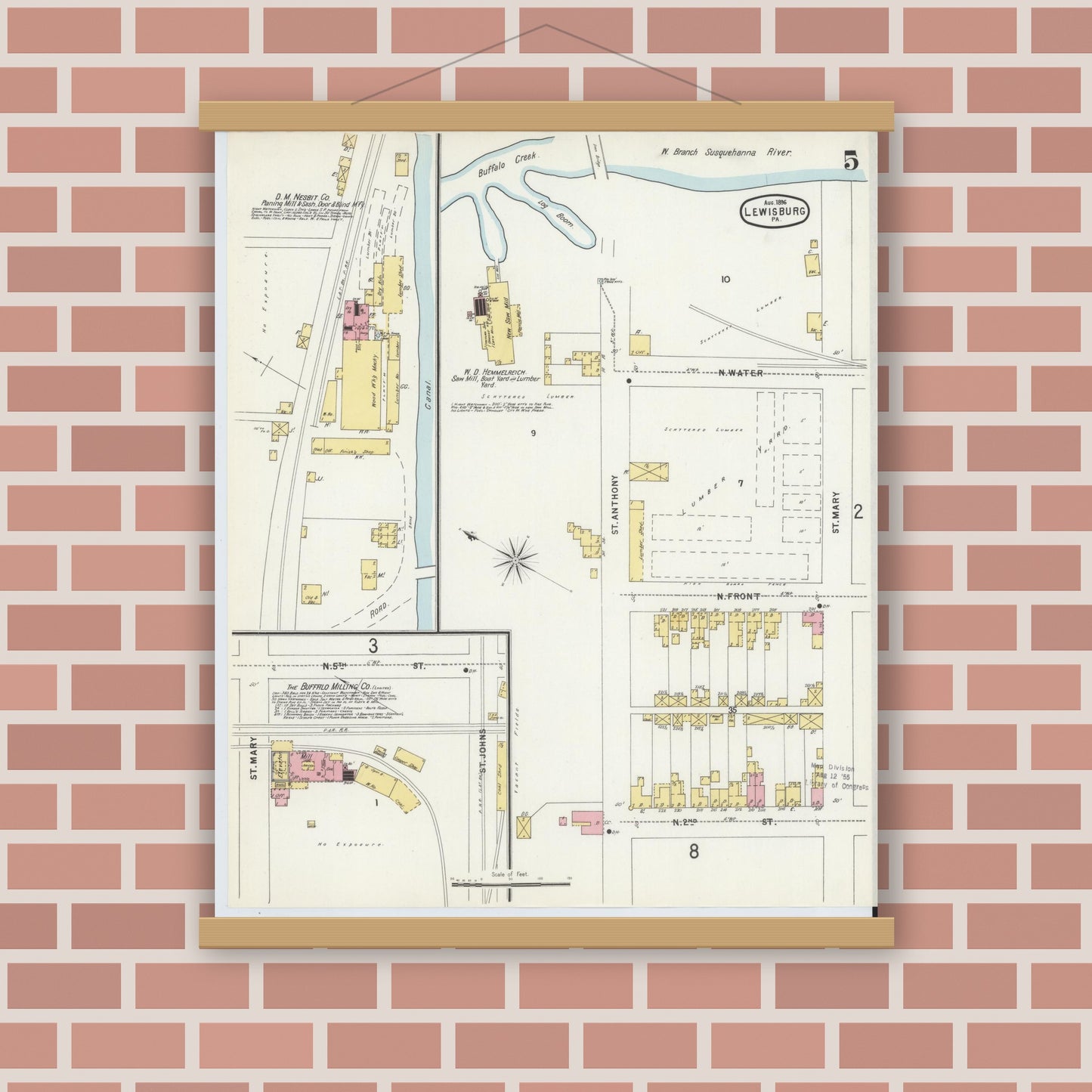 Old map wall art mockup — magnetic wood frame on brick wall — Sanborn Fire Insurance Map from Lewisburg, Union County, Pennsylvania (1896), Sheet #0005