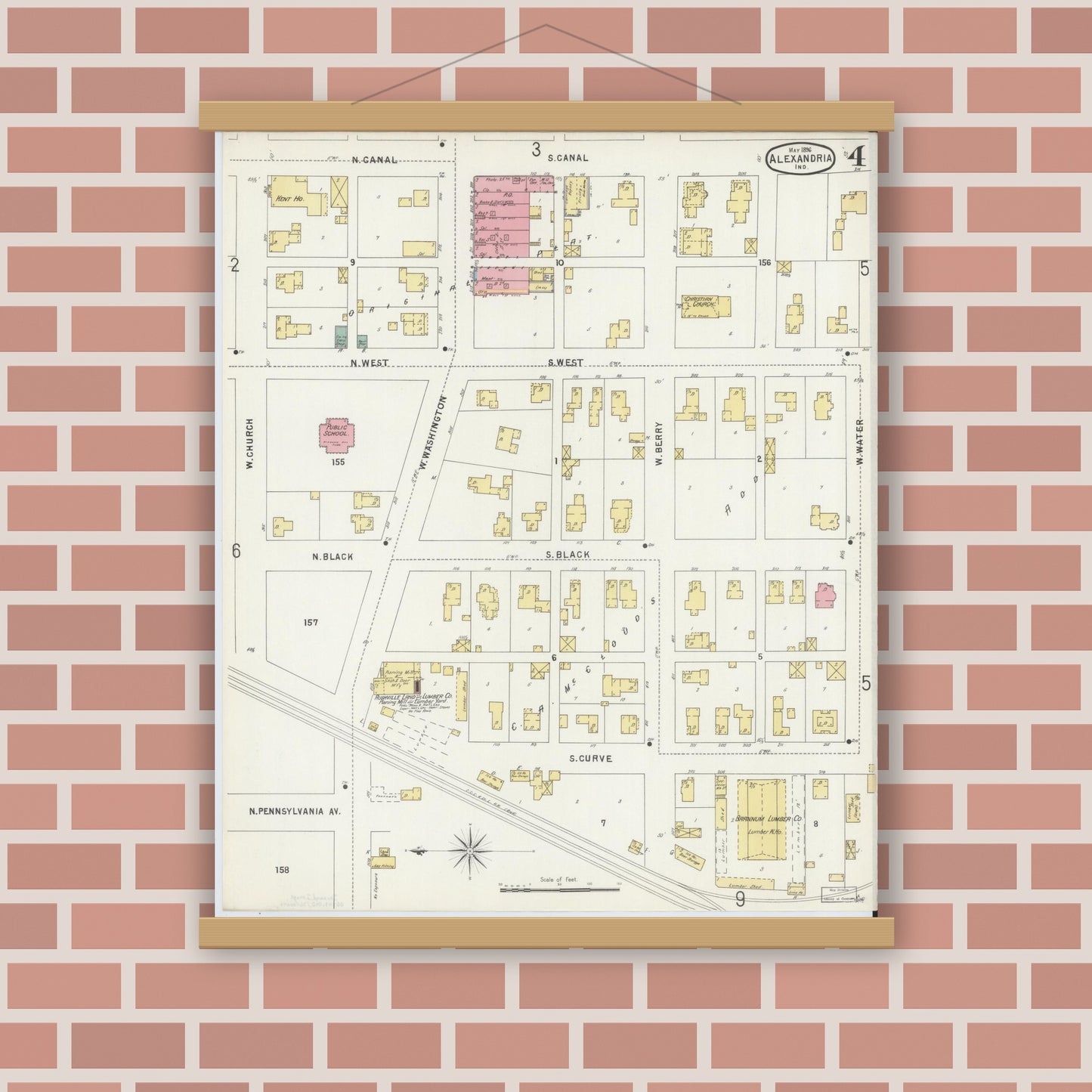 Old map wall art mockup — magnetic wood frame on brick wall — Sanborn Fire Insurance Map from Alexandria, Madison County, Indiana (1896), Sheet #0004