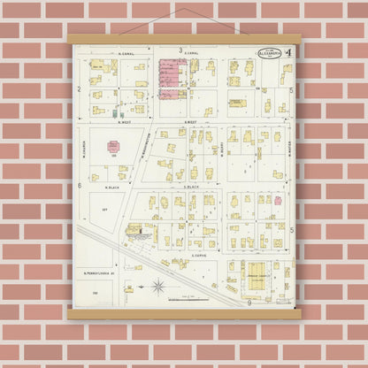 Old map wall art mockup — magnetic wood frame on brick wall — Sanborn Fire Insurance Map from Alexandria, Madison County, Indiana (1896), Sheet #0004