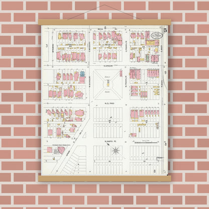 Old map wall art mockup — magnetic wood frame on brick wall — Sanborn Fire Insurance Map from El Paso, El Paso County, Texas (1900), Sheet #0005