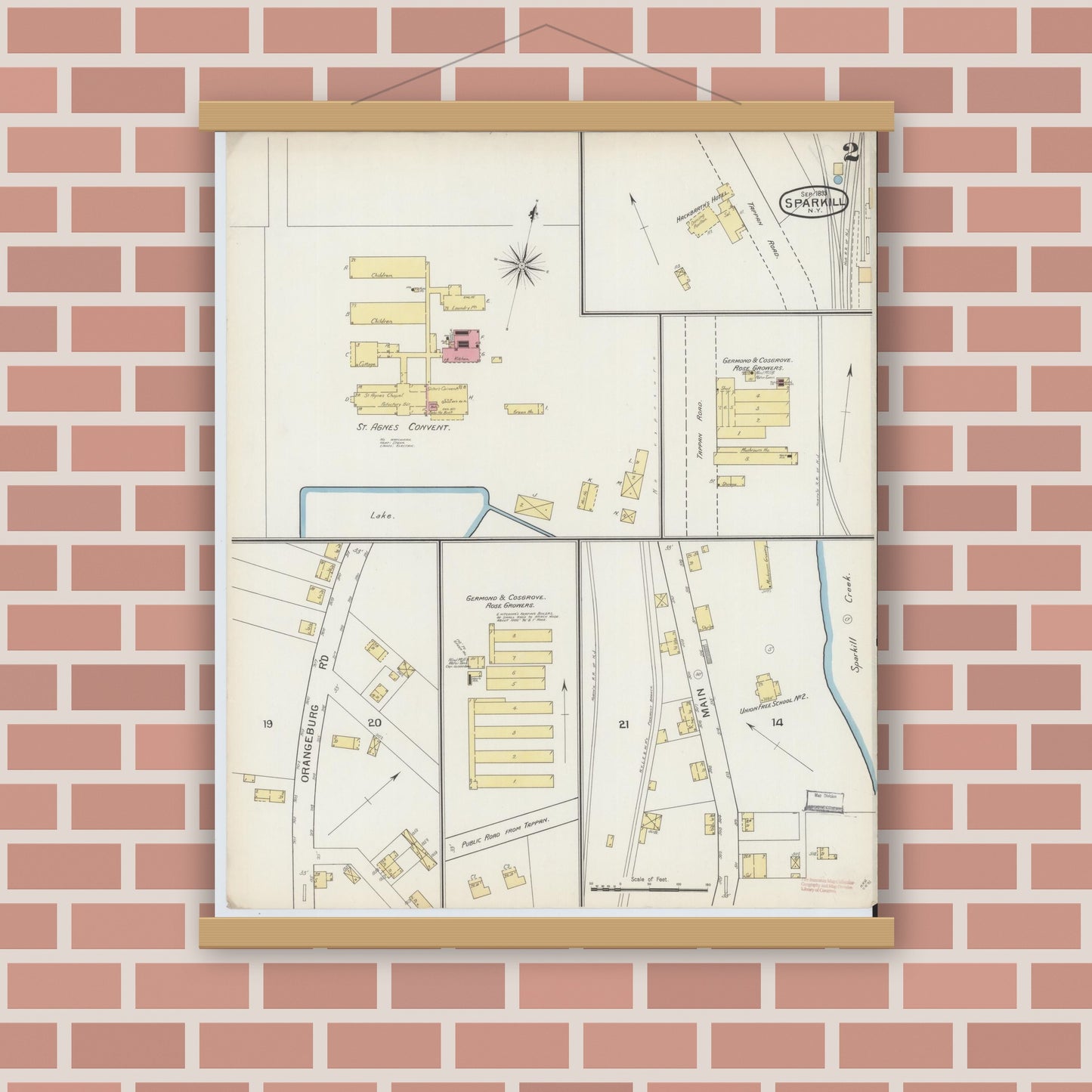 Old map wall art mockup — magnetic wood frame on brick wall — Sanborn Fire Insurance Map from Sparkill, Rockland County, New York (1893), Sheet #0002