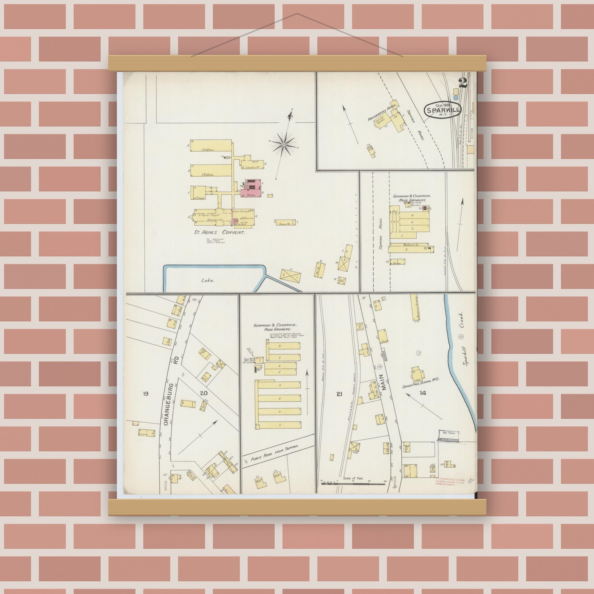 Old map wall art mockup — magnetic wood frame on brick wall — Sanborn Fire Insurance Map from Sparkill, Rockland County, New York (1893), Sheet #0002