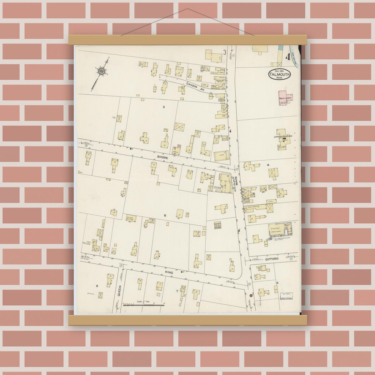 Old map wall art mockup — magnetic wood frame on brick wall — Sanborn Fire Insurance Map from Falmouth, Barnstable County, Massachusetts (1914), Sheet #0004