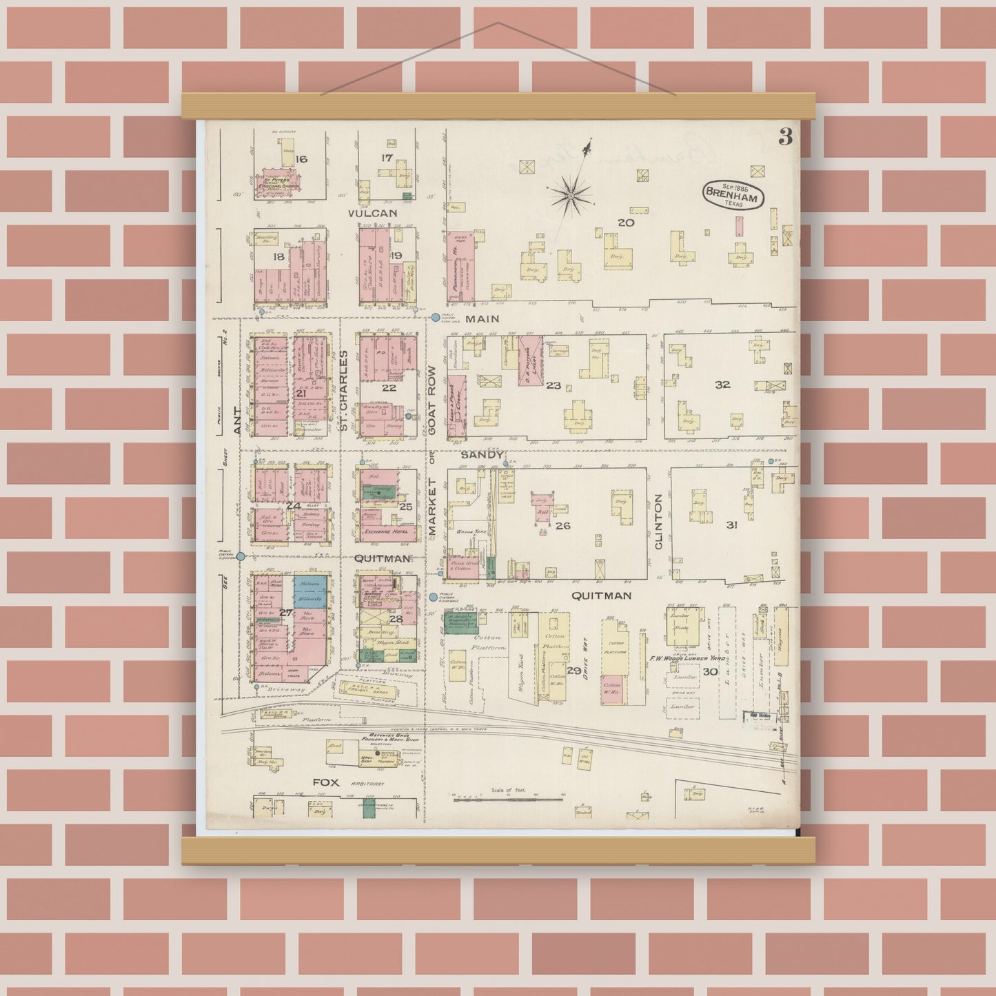 Old map wall art mockup — magnetic wood frame on brick wall — Sanborn Fire Insurance Map from Brenham, Washington County, Texas (1885), Sheet #0003