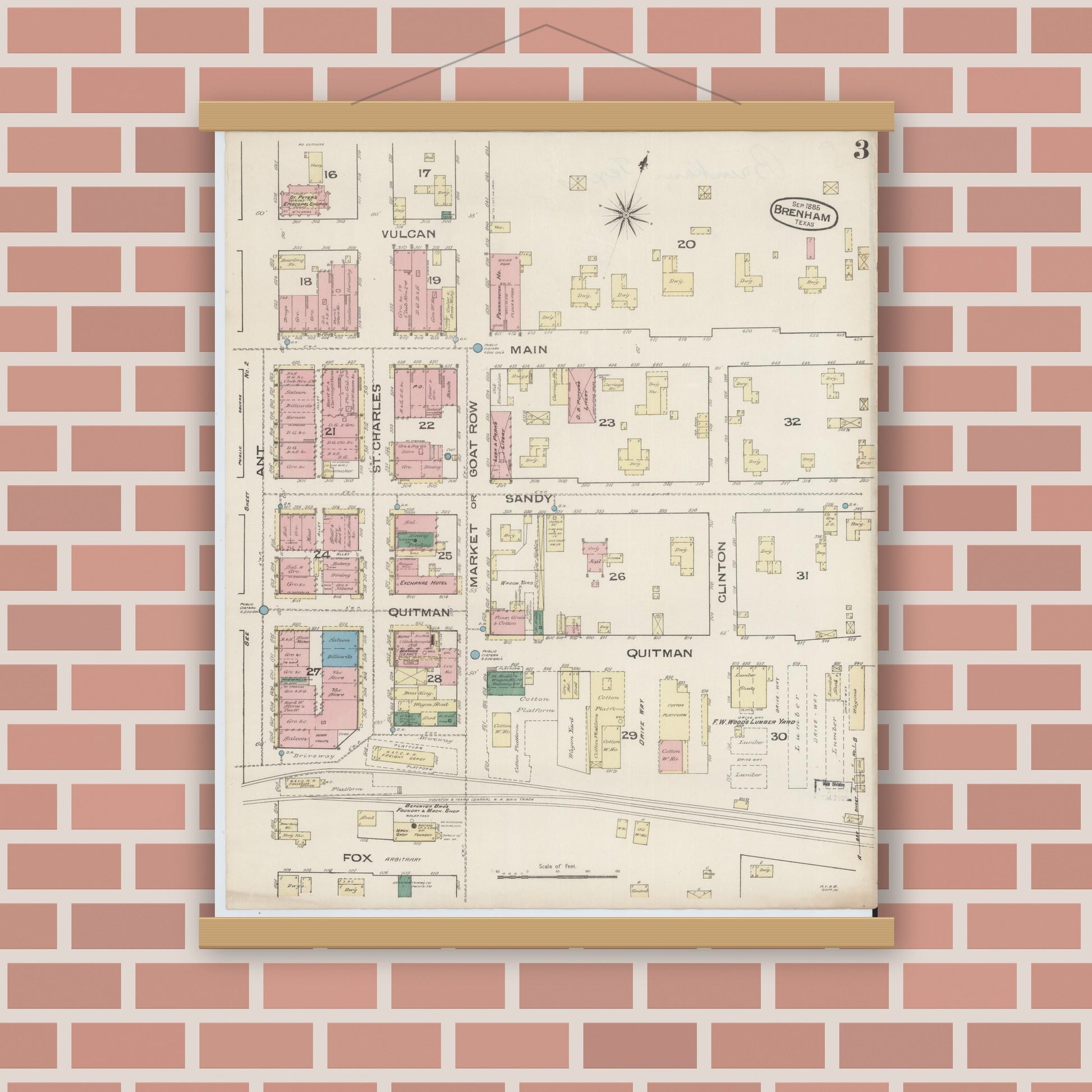 Old map wall art mockup — magnetic wood frame on brick wall — Sanborn Fire Insurance Map from Brenham, Washington County, Texas (1885), Sheet #0003