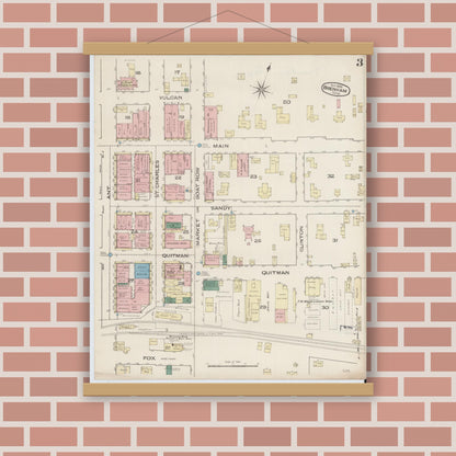 Old map wall art mockup — magnetic wood frame on brick wall — Sanborn Fire Insurance Map from Brenham, Washington County, Texas (1885), Sheet #0003