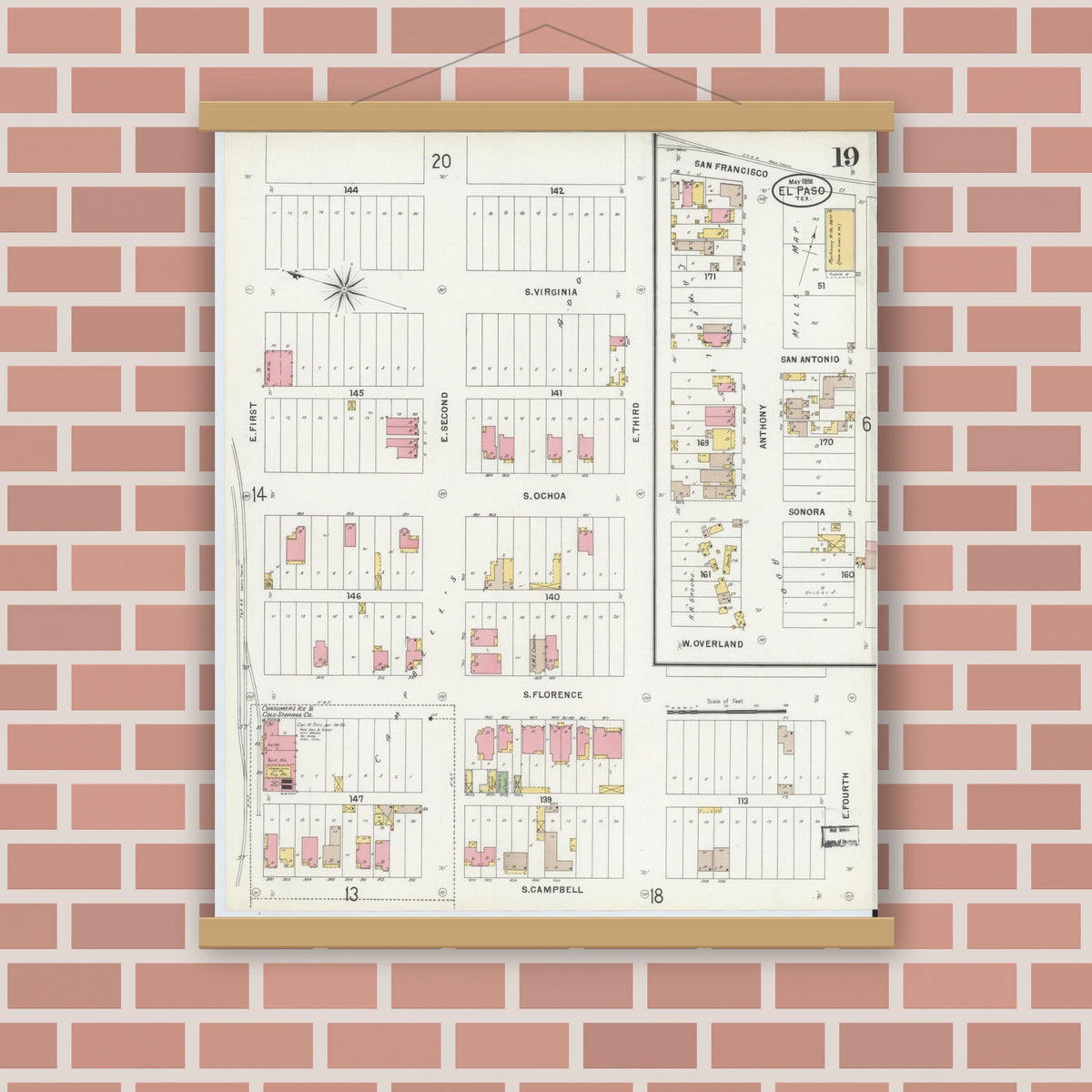 Old map wall art mockup — magnetic wood frame on brick wall — Sanborn Fire Insurance Map from El Paso, El Paso County, Texas (1898), Sheet #0019
