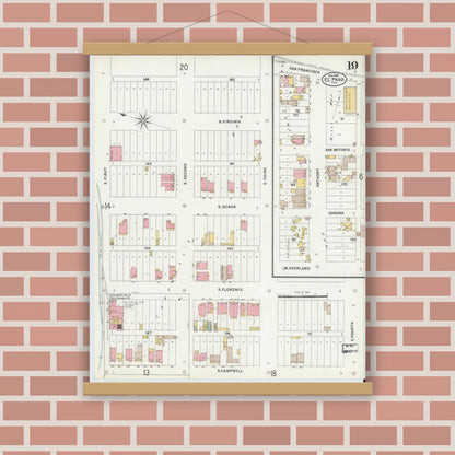 Old map wall art mockup — magnetic wood frame on brick wall — Sanborn Fire Insurance Map from El Paso, El Paso County, Texas (1898), Sheet #0019