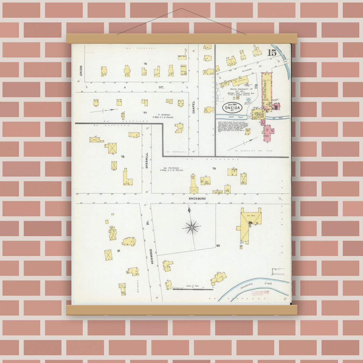 Old map wall art mockup — magnetic wood frame on brick wall — Sanborn Fire Insurance Map from Oneida, Madison County, New York (1904), Sheet #0014