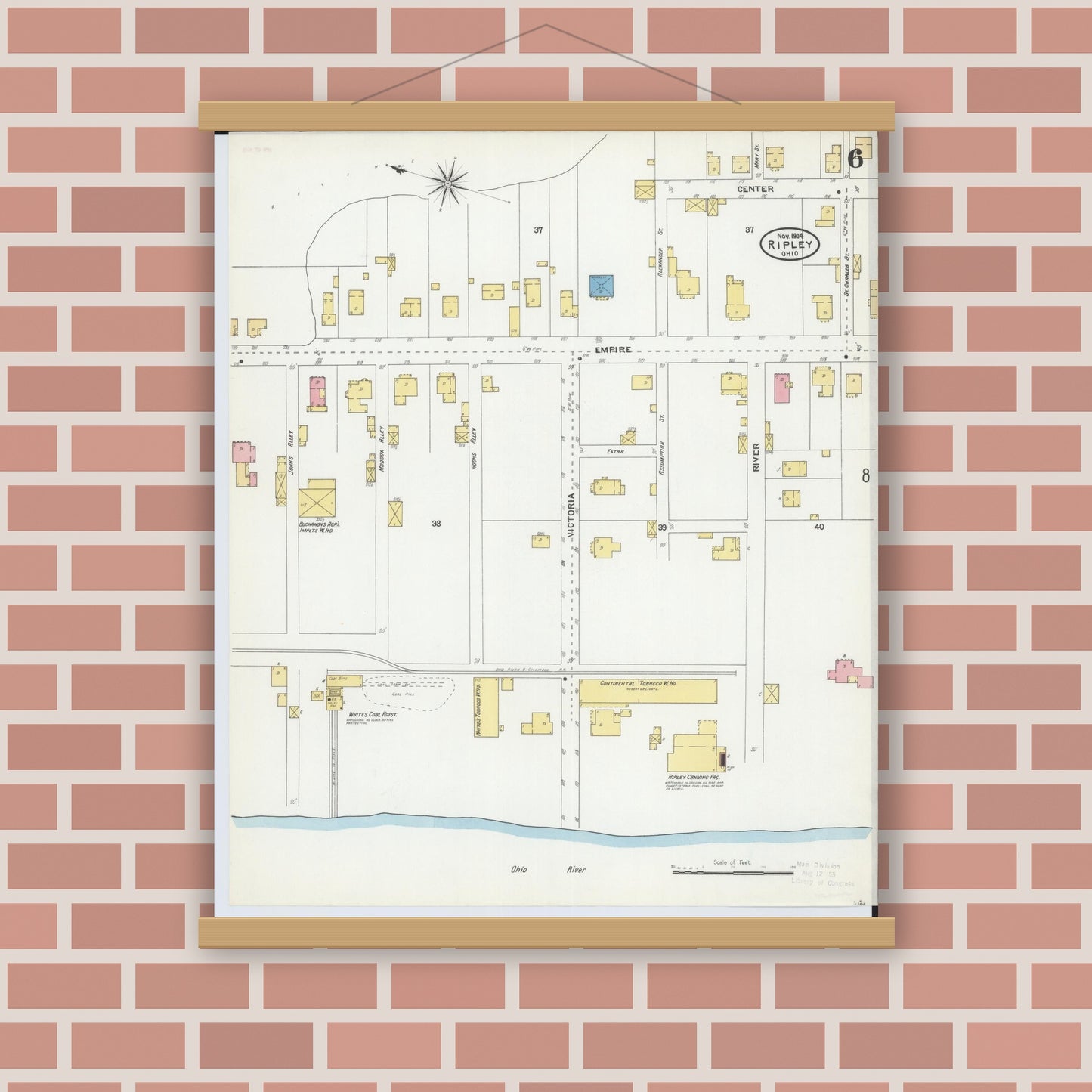 Old map wall art mockup — magnetic wood frame on brick wall — Sanborn Fire Insurance Map from Ripley, Brown County, Ohio (1904), Sheet #0006