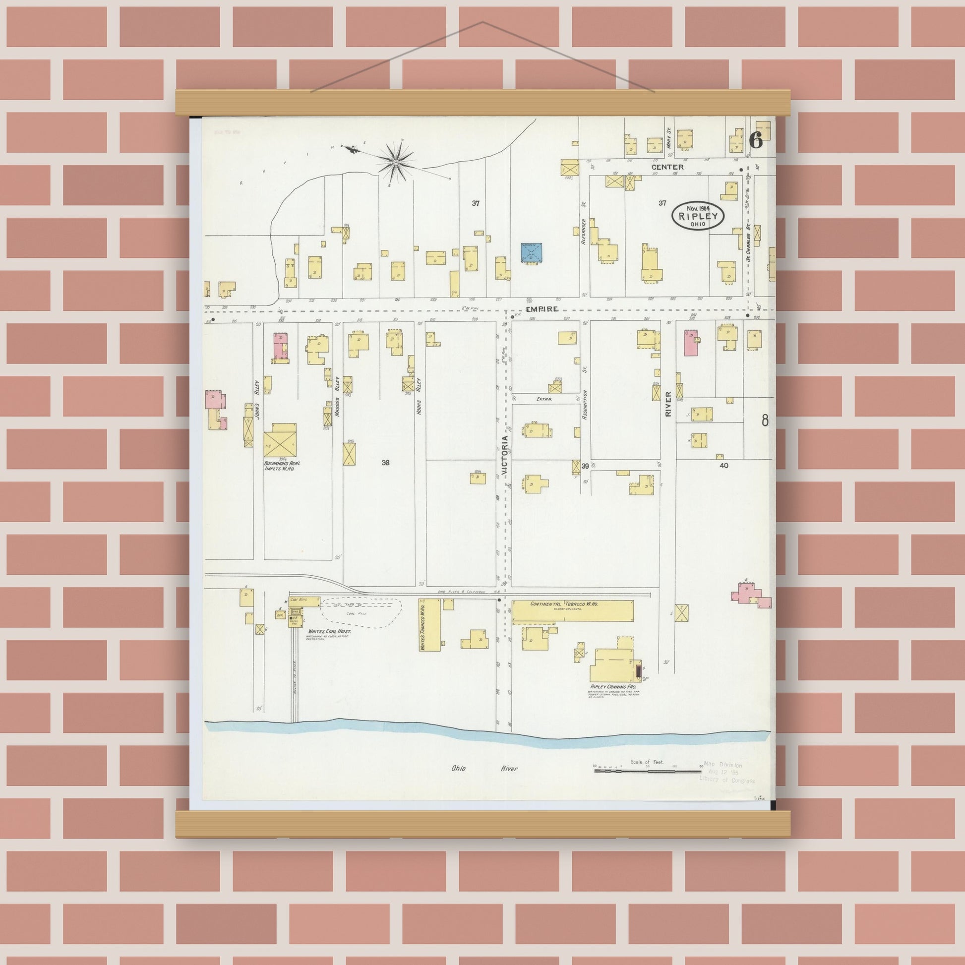 Old map wall art mockup — magnetic wood frame on brick wall — Sanborn Fire Insurance Map from Ripley, Brown County, Ohio (1904), Sheet #0006