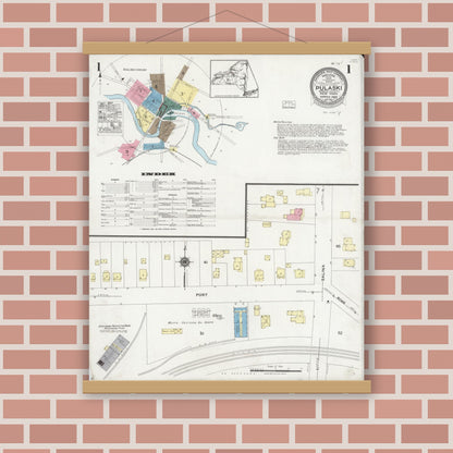 Old map wall art mockup — magnetic wood frame on brick wall — Sanborn Fire Insurance Map from Pulaski, Oswego County, New York (1925), Sheet #0001