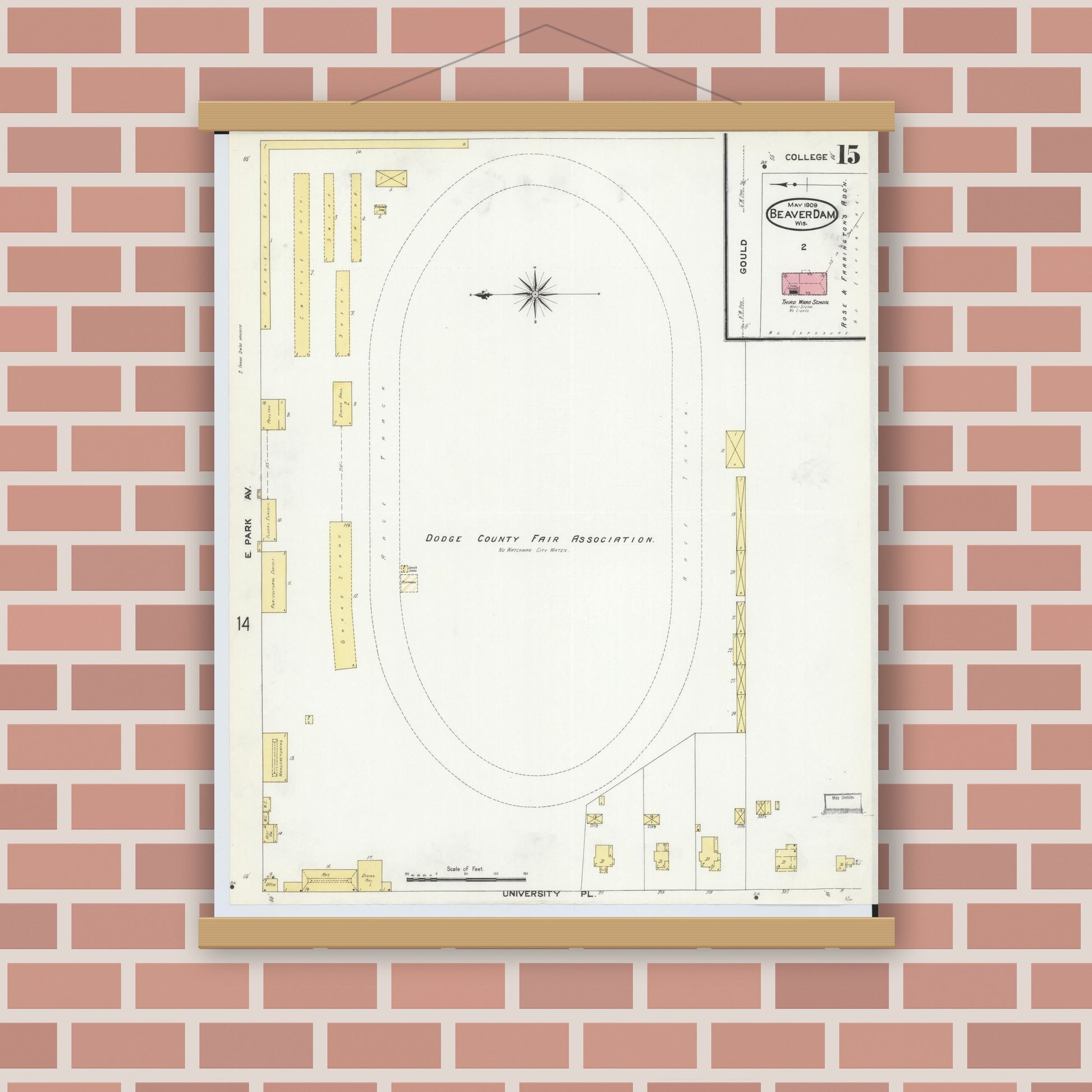 Old map wall art mockup — magnetic wood frame on brick wall — Sanborn Fire Insurance Map from Beaver Dam, Dodge County, Wisconsin (1909), Sheet #0015