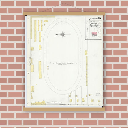 Old map wall art mockup — magnetic wood frame on brick wall — Sanborn Fire Insurance Map from Beaver Dam, Dodge County, Wisconsin (1909), Sheet #0015