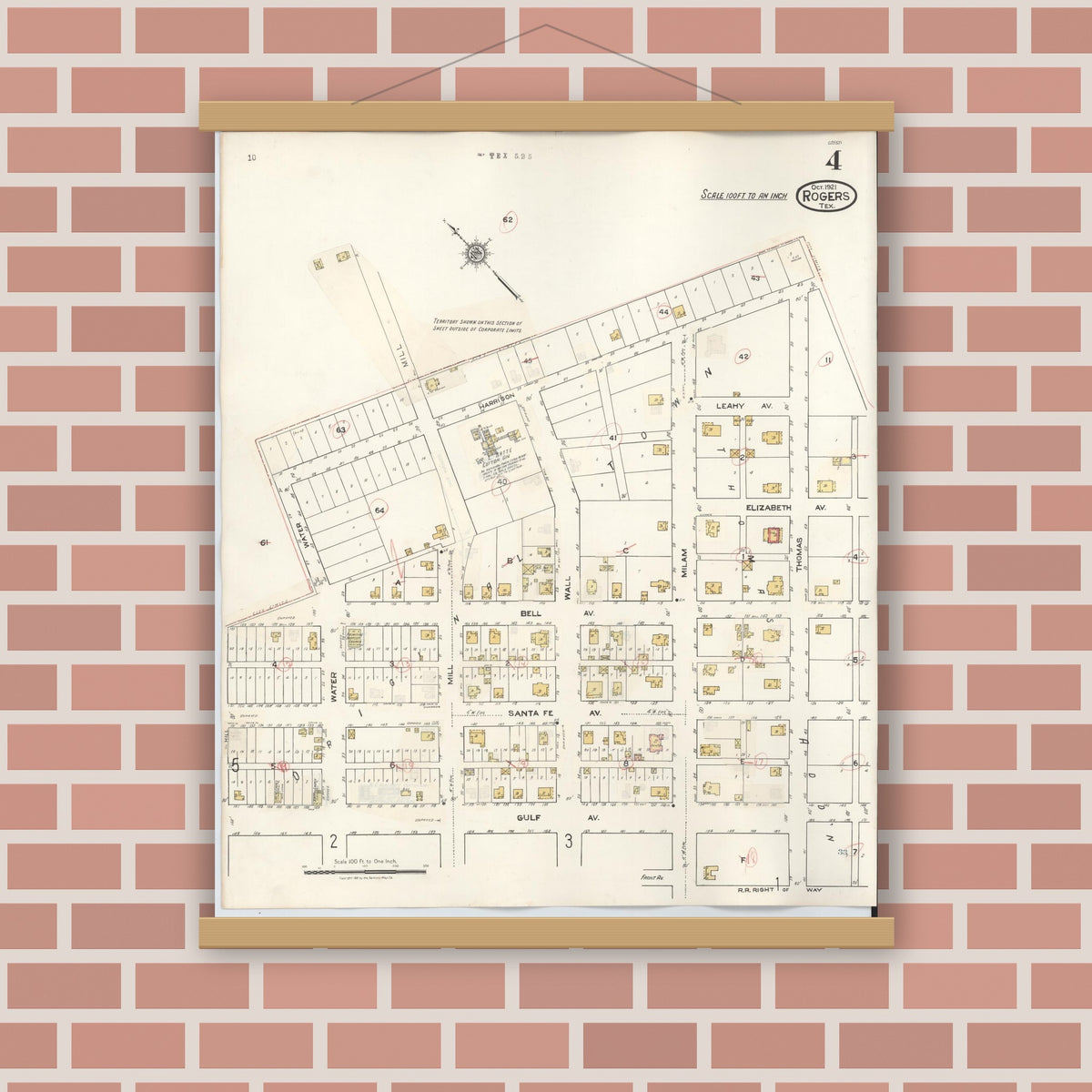 Old map wall art mockup — magnetic wood frame on brick wall — Sanborn Fire Insurance Map from Rogers, Bell County, Texas (1944), Sheet #0004