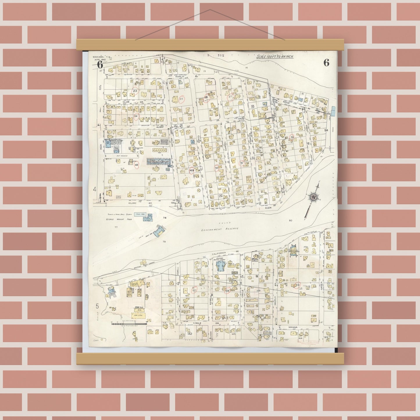 Old map wall art mockup — magnetic wood frame on brick wall — Sanborn Fire Insurance Map from Wahiawa, Honolulu County, Hawaii (1957), Sheet #0006