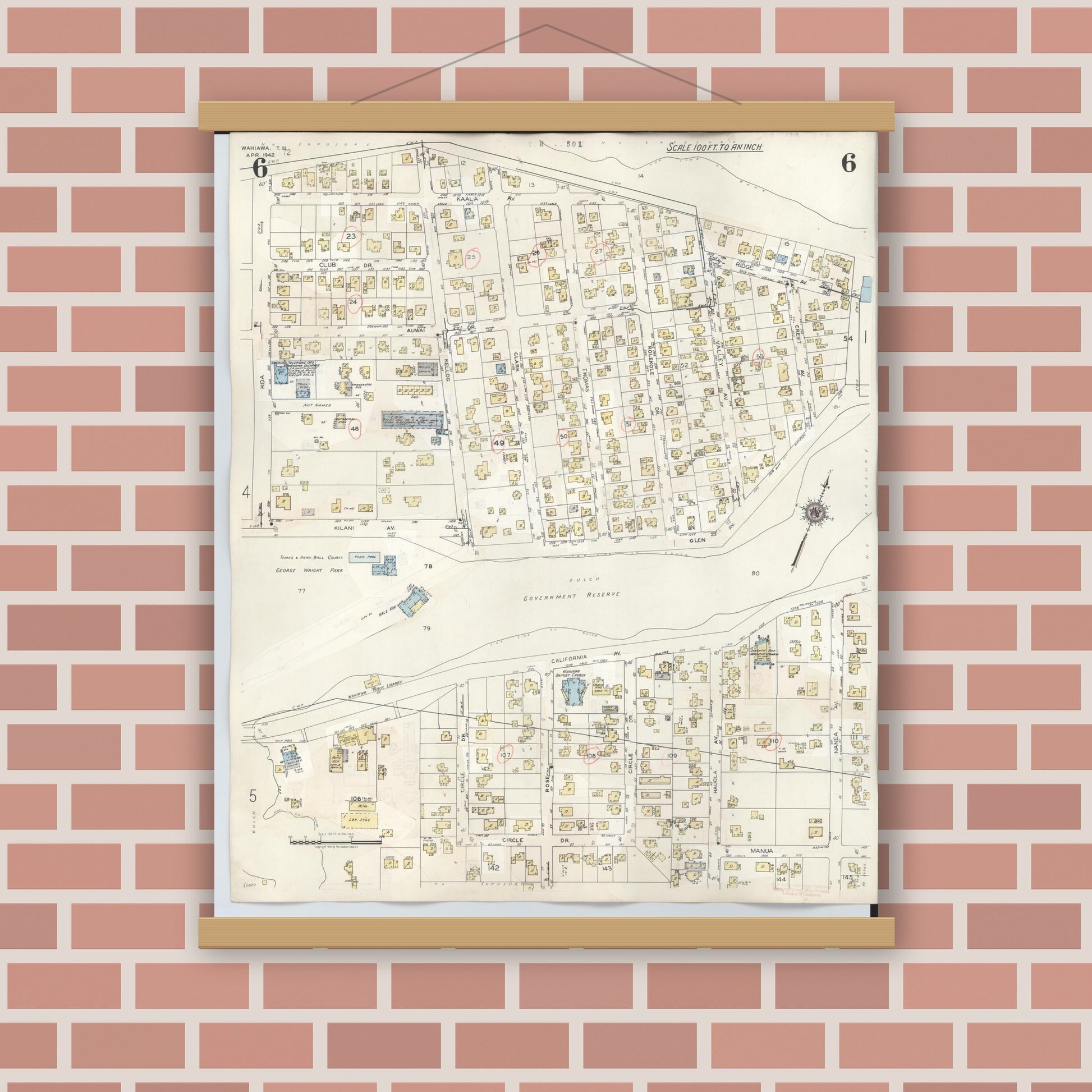 Old map wall art mockup — magnetic wood frame on brick wall — Sanborn Fire Insurance Map from Wahiawa, Honolulu County, Hawaii (1957), Sheet #0006