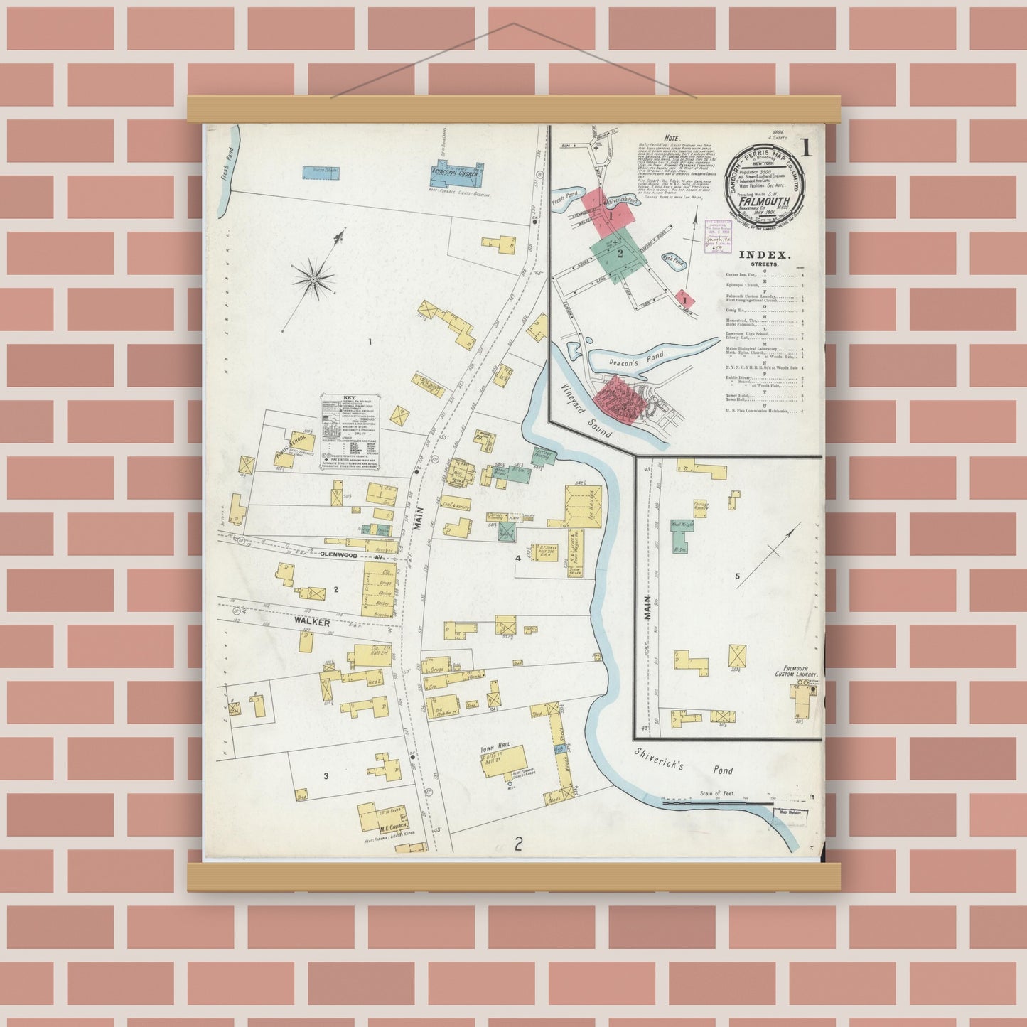Old map wall art mockup — magnetic wood frame on brick wall — Sanborn Fire Insurance Map from Falmouth, Barnstable County, Massachusetts (1901), Sheet #0001