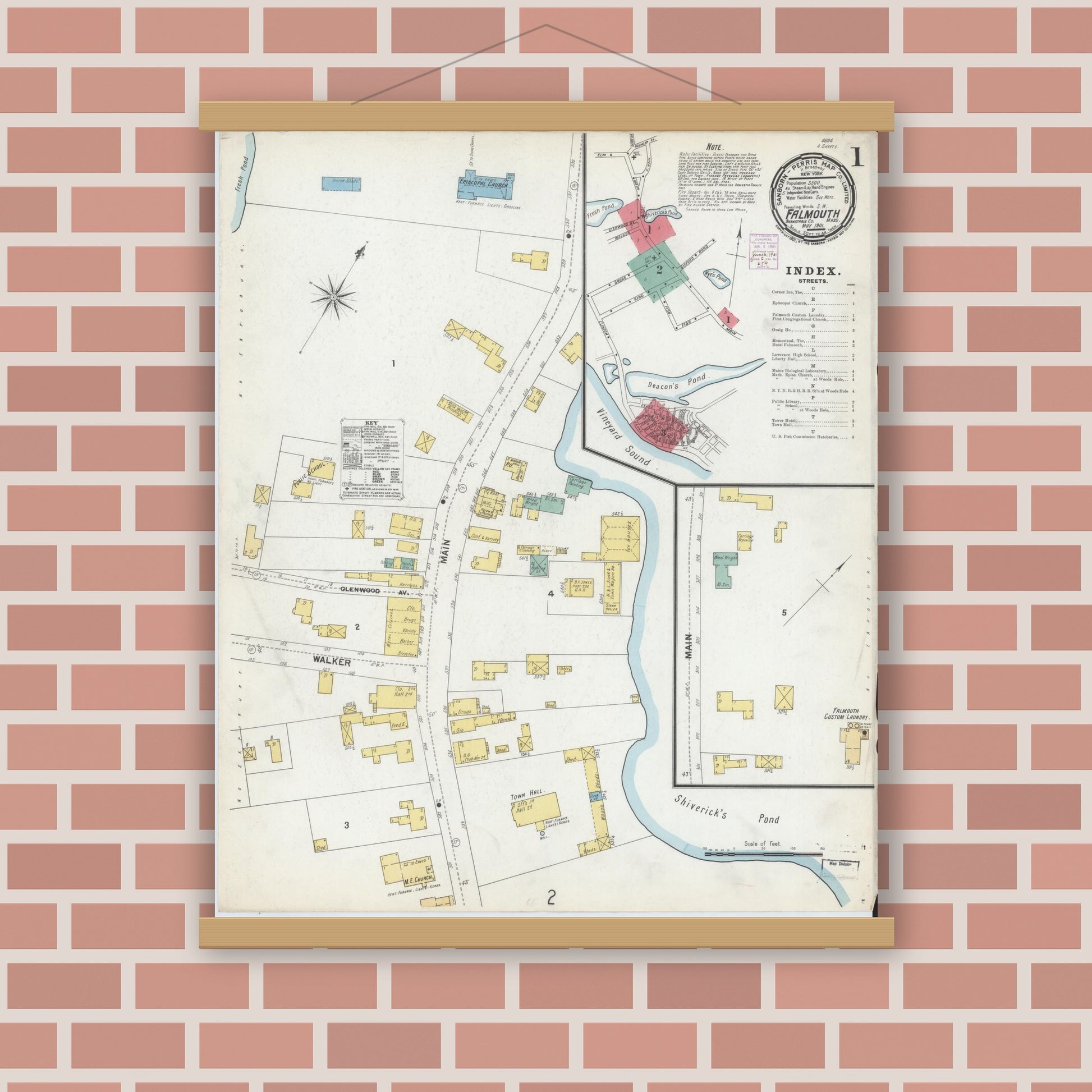 Old map wall art mockup — magnetic wood frame on brick wall — Sanborn Fire Insurance Map from Falmouth, Barnstable County, Massachusetts (1901), Sheet #0001