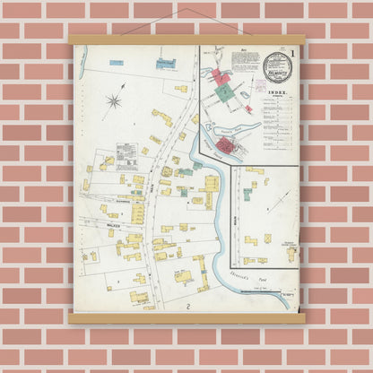 Old map wall art mockup — magnetic wood frame on brick wall — Sanborn Fire Insurance Map from Falmouth, Barnstable County, Massachusetts (1901), Sheet #0001