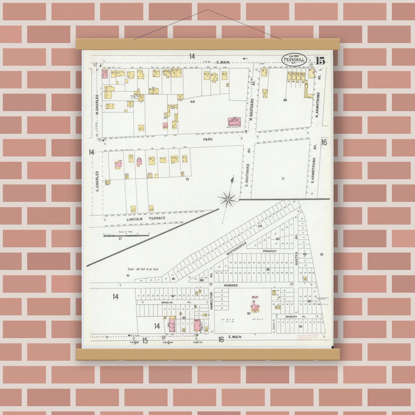 Old map wall art mockup — magnetic wood frame on brick wall — Sanborn Fire Insurance Map from Peekskill, Westchester County, New York (1900), Sheet #0015
