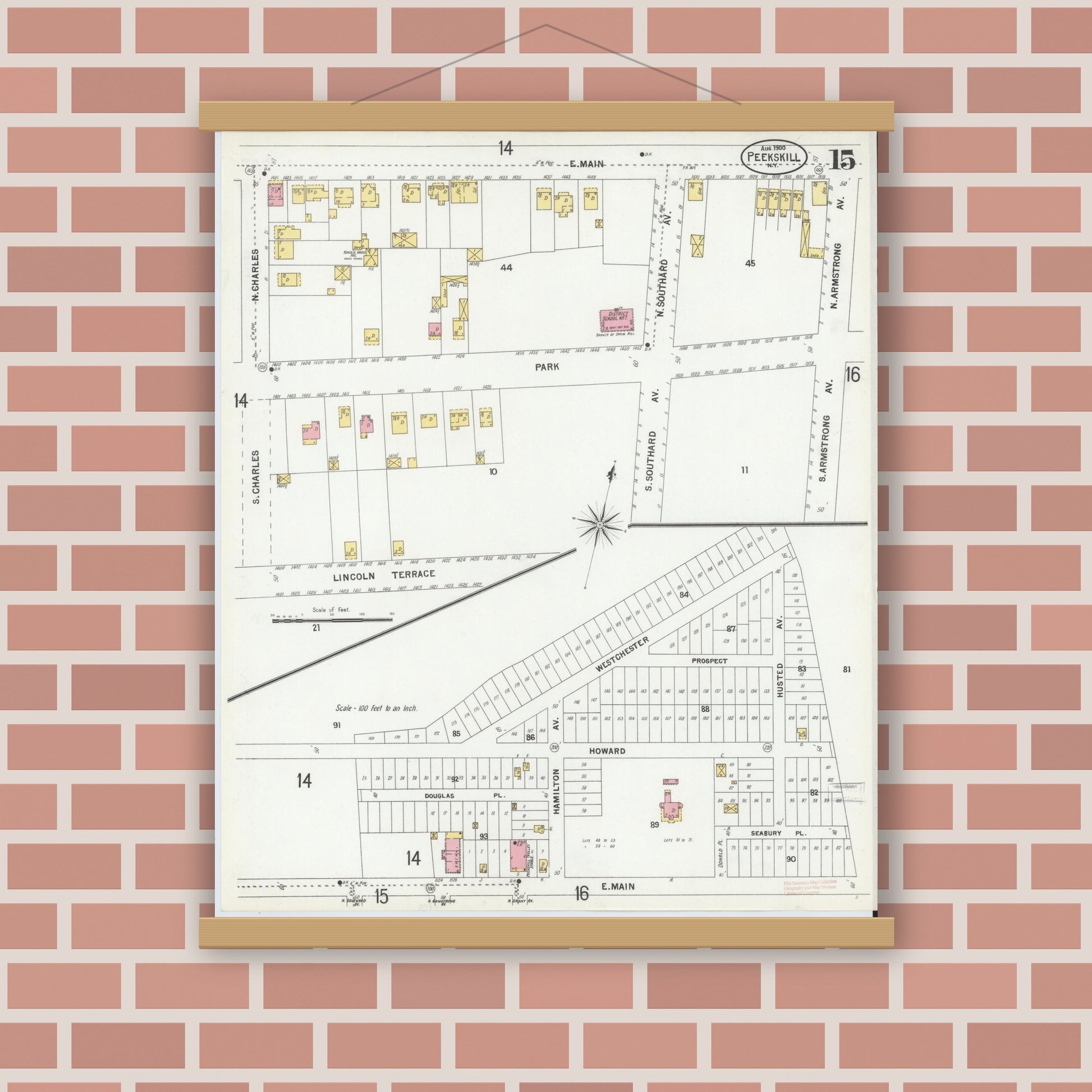 Old map wall art mockup — magnetic wood frame on brick wall — Sanborn Fire Insurance Map from Peekskill, Westchester County, New York (1900), Sheet #0015