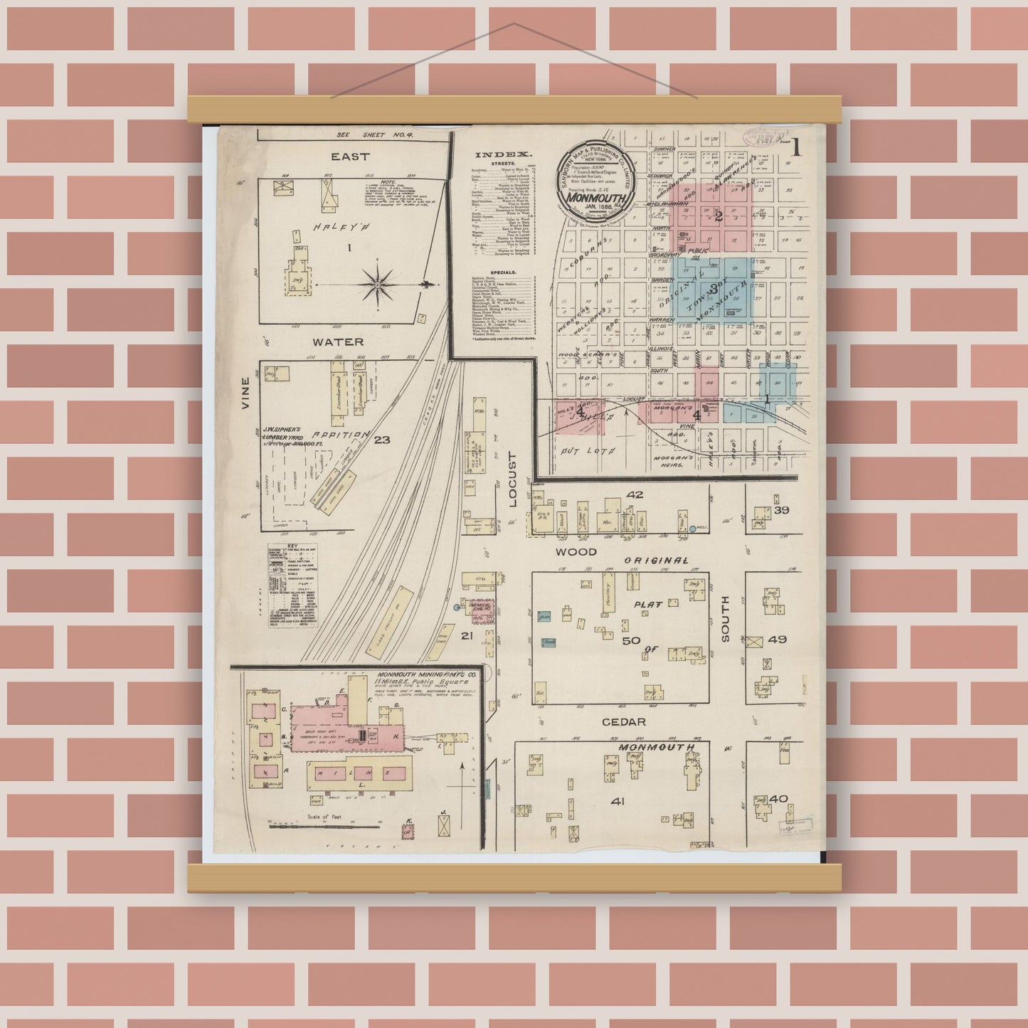 Old map wall art mockup — magnetic wood frame on brick wall — Sanborn Fire Insurance Map from Monmouth, Warren County, Illinois (1886), Sheet #0001