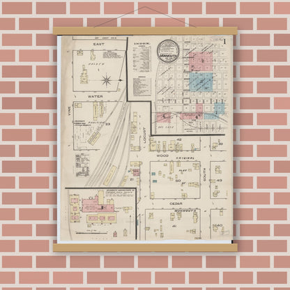 Old map wall art mockup — magnetic wood frame on brick wall — Sanborn Fire Insurance Map from Monmouth, Warren County, Illinois (1886), Sheet #0001