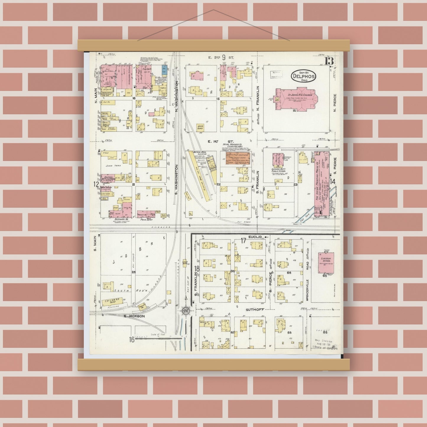 Old map wall art mockup — magnetic wood frame on brick wall — Sanborn Fire Insurance Map from Delphos, Van Wert And Allen Counties, Ohio (1911), Sheet #0013