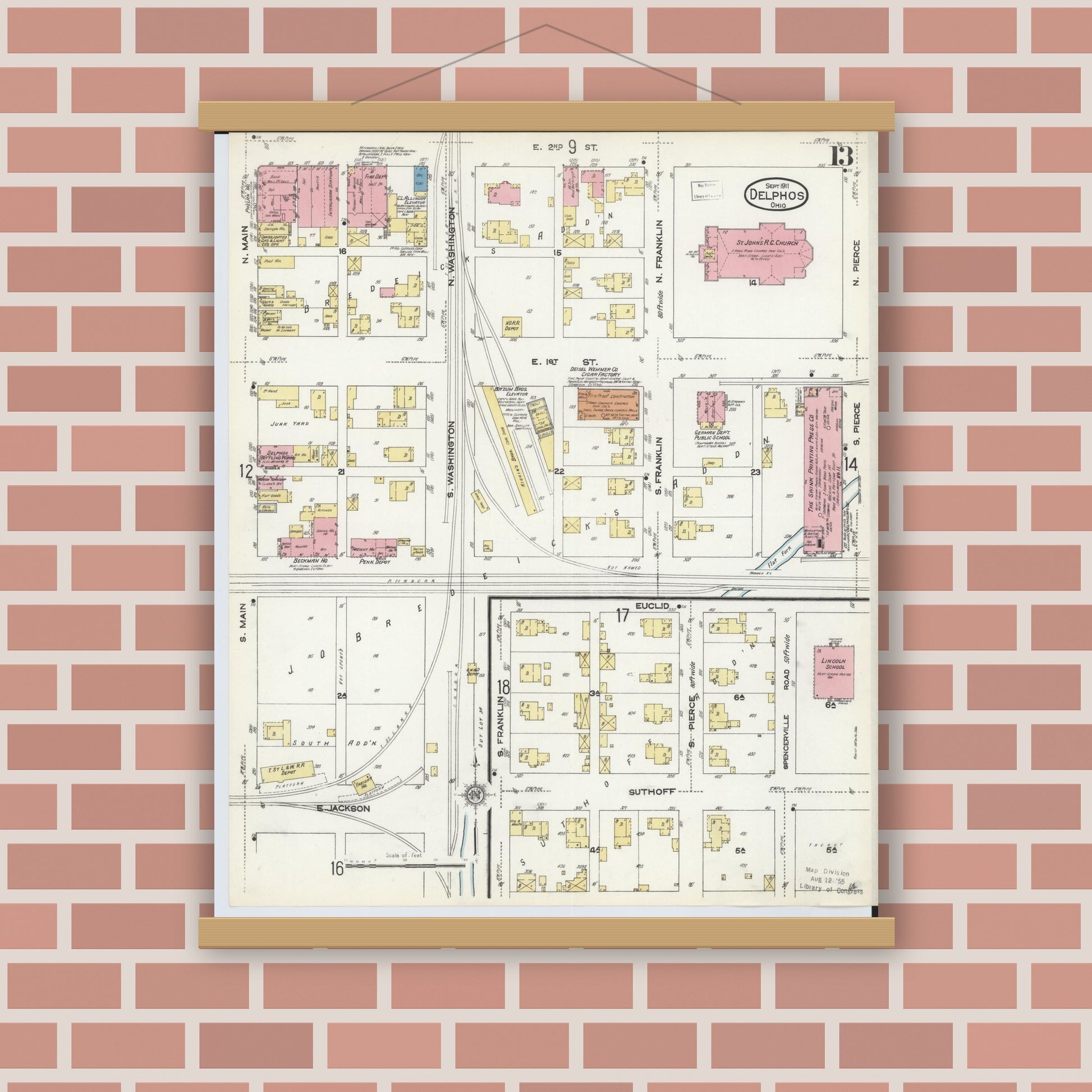 Old map wall art mockup — magnetic wood frame on brick wall — Sanborn Fire Insurance Map from Delphos, Van Wert And Allen Counties, Ohio (1911), Sheet #0013