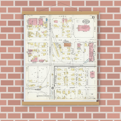 Old map wall art mockup — magnetic wood frame on brick wall — Sanborn Fire Insurance Map from Delphos, Van Wert And Allen Counties, Ohio (1911), Sheet #0013