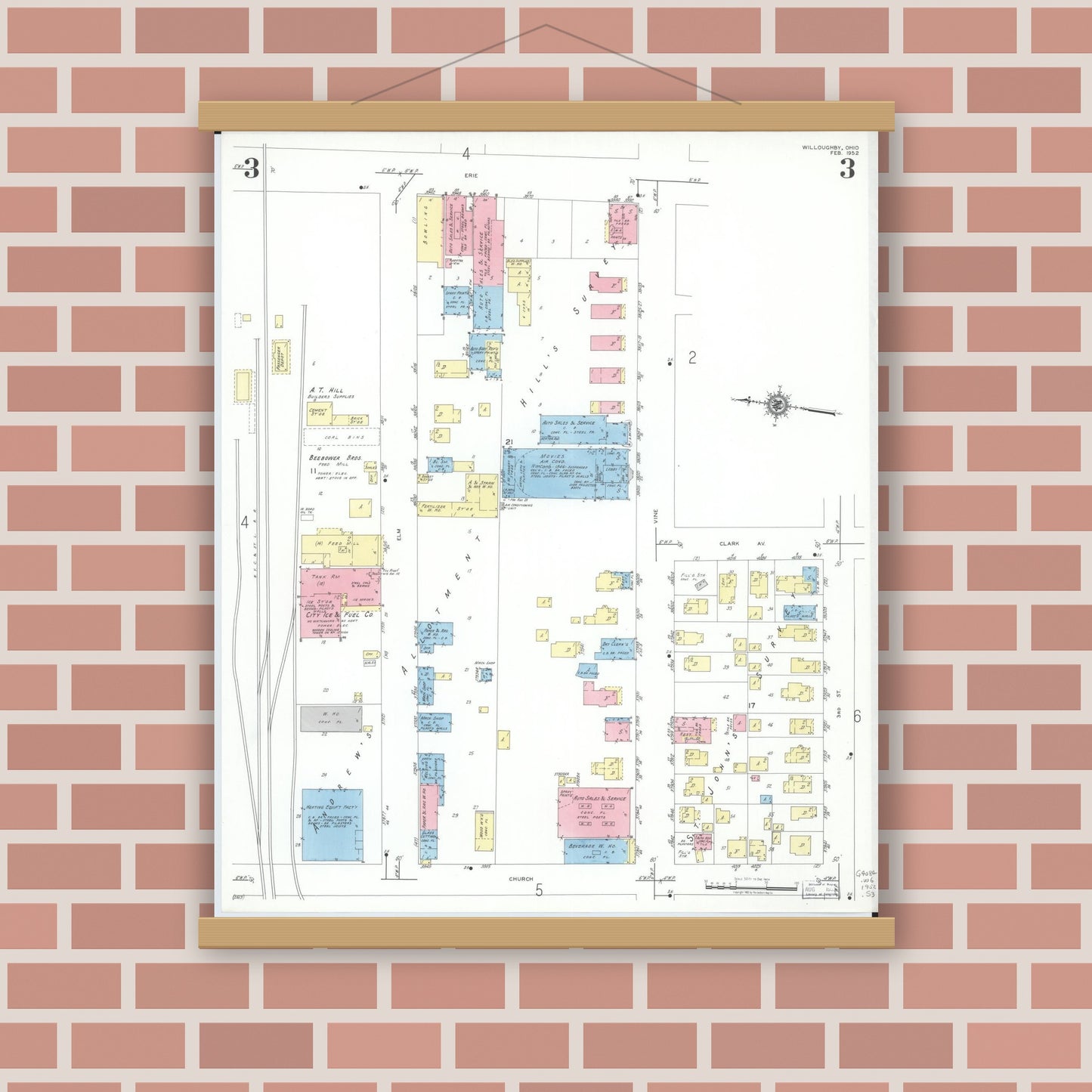 Old map wall art mockup — magnetic wood frame on brick wall — Sanborn Fire Insurance Map from Willoughby, Lake County, Ohio (1952), Sheet #0003