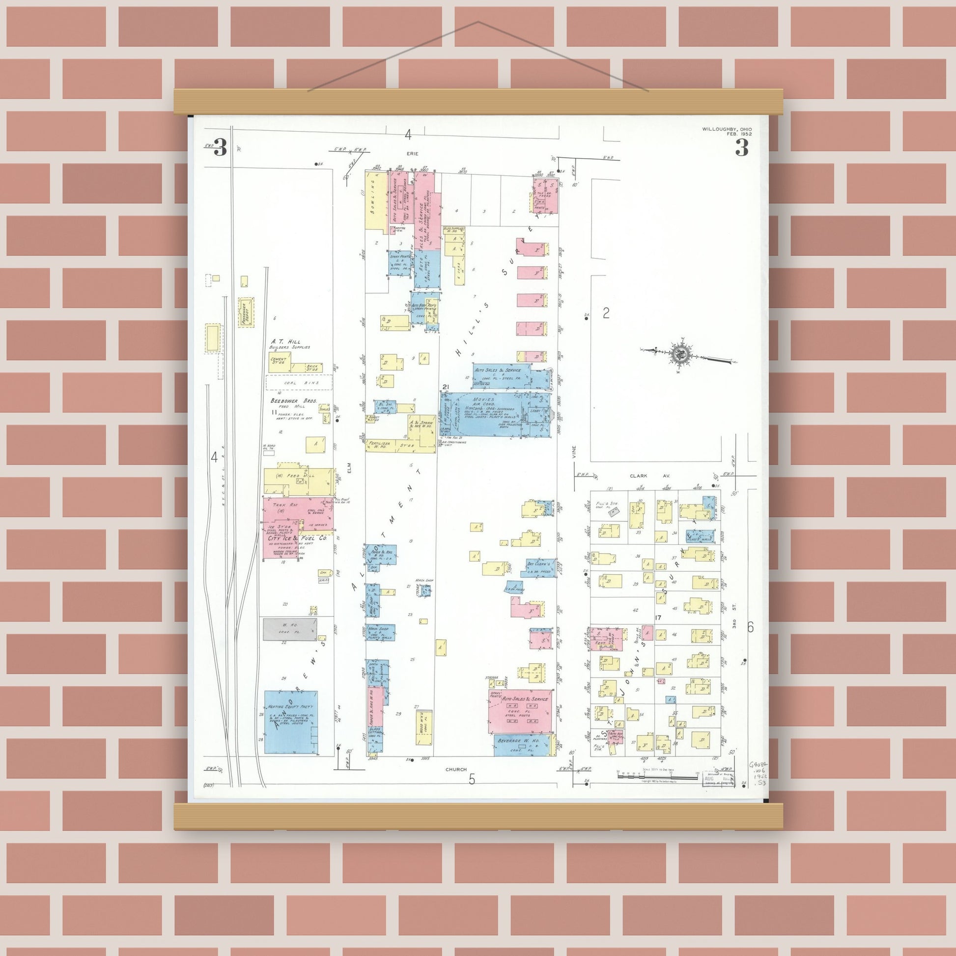 Old map wall art mockup — magnetic wood frame on brick wall — Sanborn Fire Insurance Map from Willoughby, Lake County, Ohio (1952), Sheet #0003