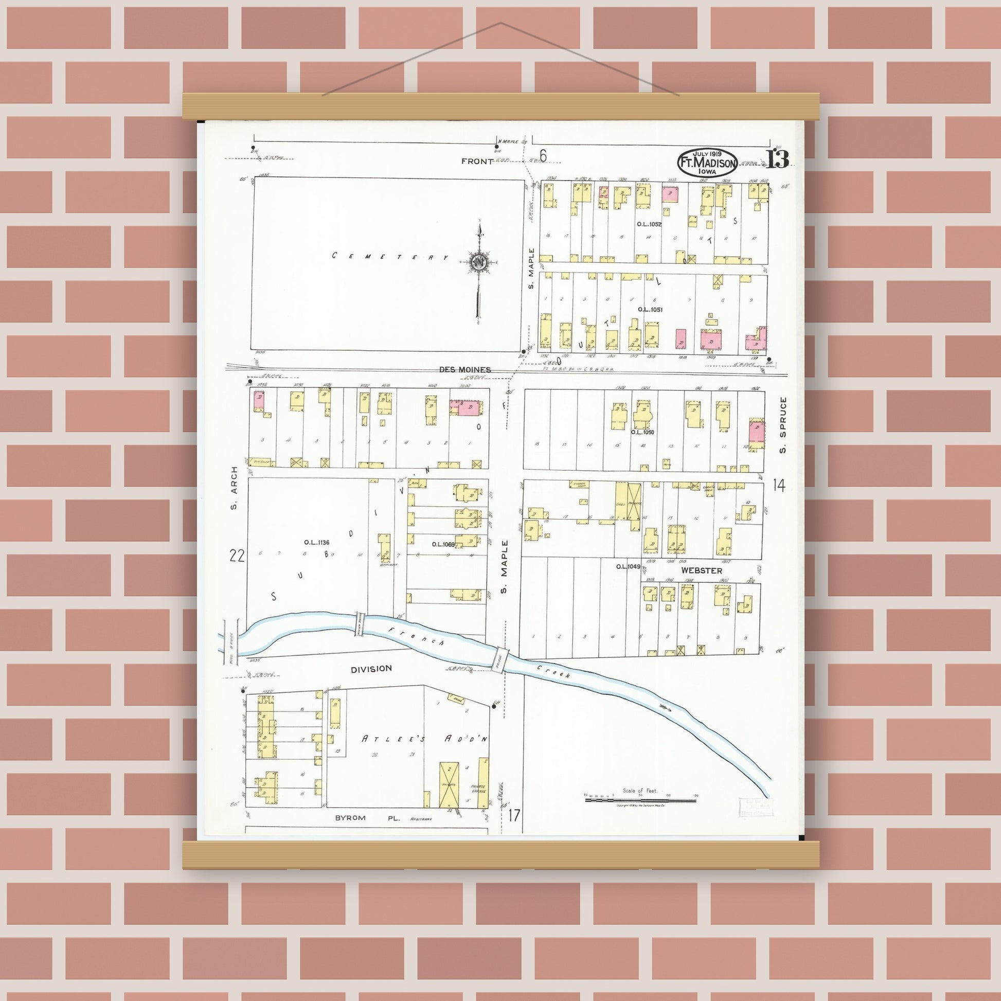 Old map wall art mockup — magnetic wood frame on brick wall — Sanborn Fire Insurance Map from Fort Madison, Lee County, Iowa (1919), Sheet #0013