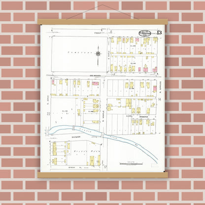 Old map wall art mockup — magnetic wood frame on brick wall — Sanborn Fire Insurance Map from Fort Madison, Lee County, Iowa (1919), Sheet #0013