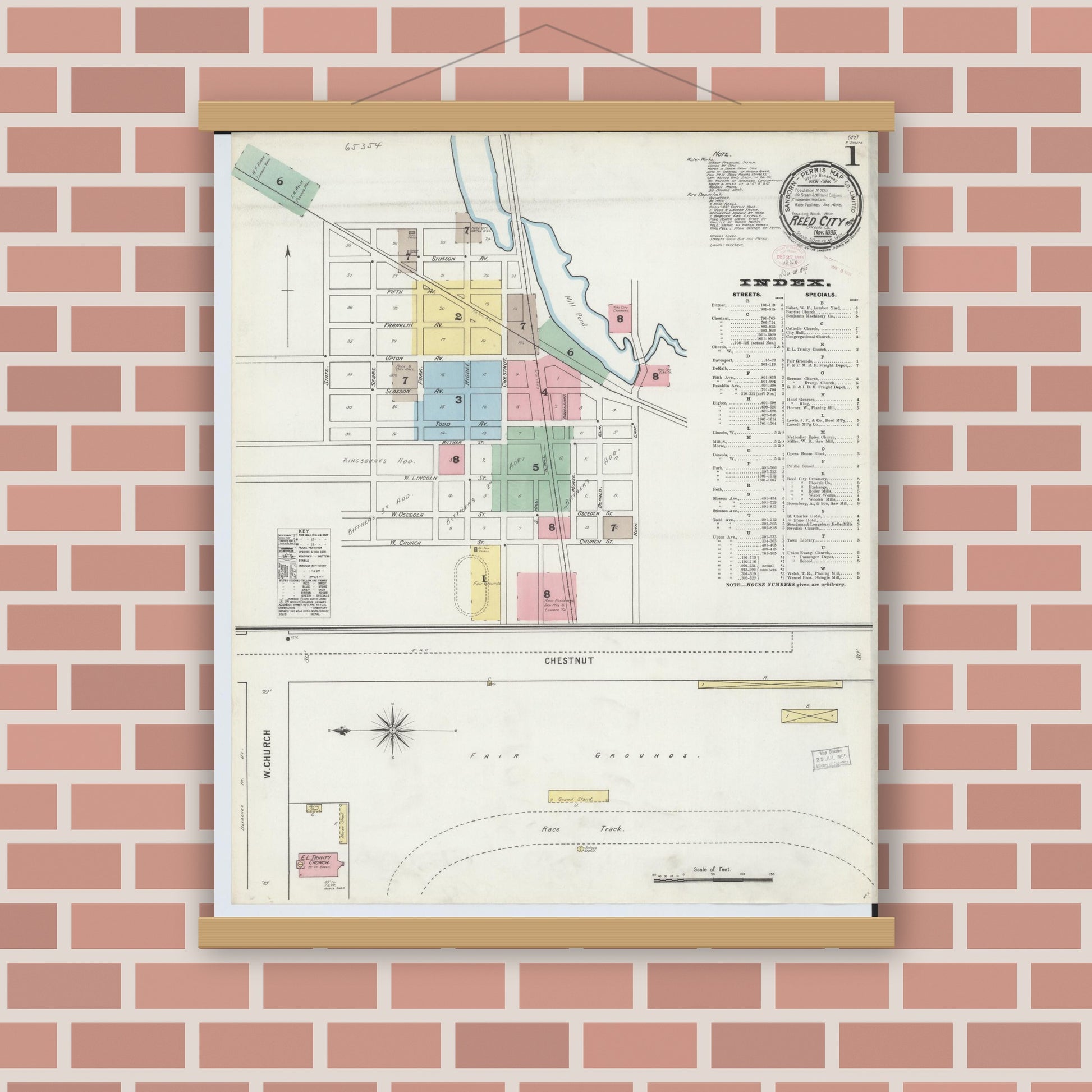 Old map wall art mockup — magnetic wood frame on brick wall — Sanborn Fire Insurance Map from Reed City, Osceola County, Michigan (1895) - Complete Map Set