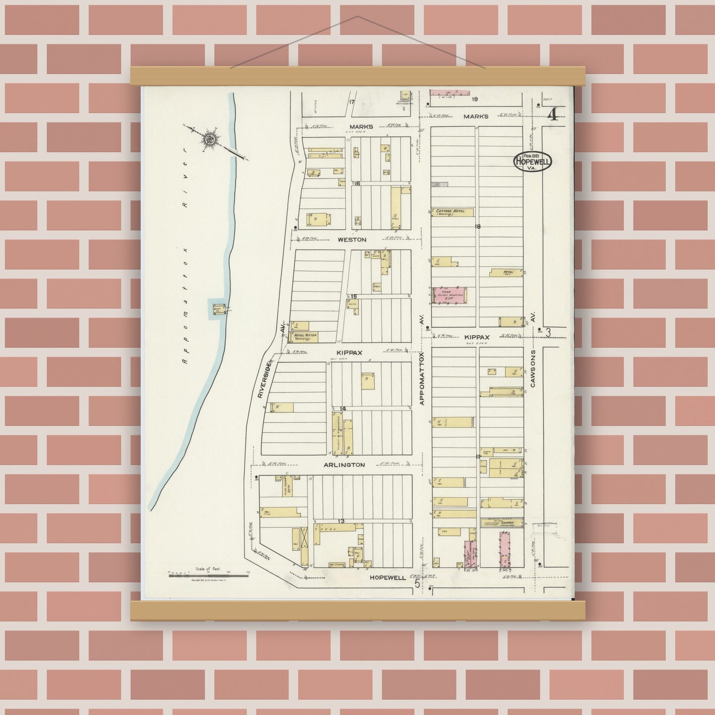 Old map wall art mockup — magnetic wood frame on brick wall — Sanborn Fire Insurance Map from Hopewell, Independent Cities, Virginia (1921), Sheet #0004