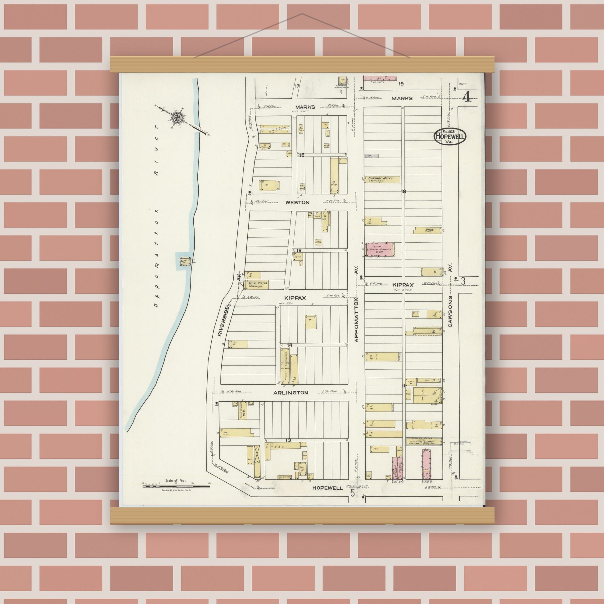 Old map wall art mockup — magnetic wood frame on brick wall — Sanborn Fire Insurance Map from Hopewell, Independent Cities, Virginia (1921), Sheet #0004
