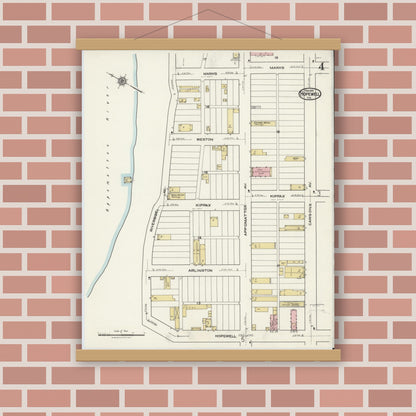 Old map wall art mockup — magnetic wood frame on brick wall — Sanborn Fire Insurance Map from Hopewell, Independent Cities, Virginia (1921), Sheet #0004