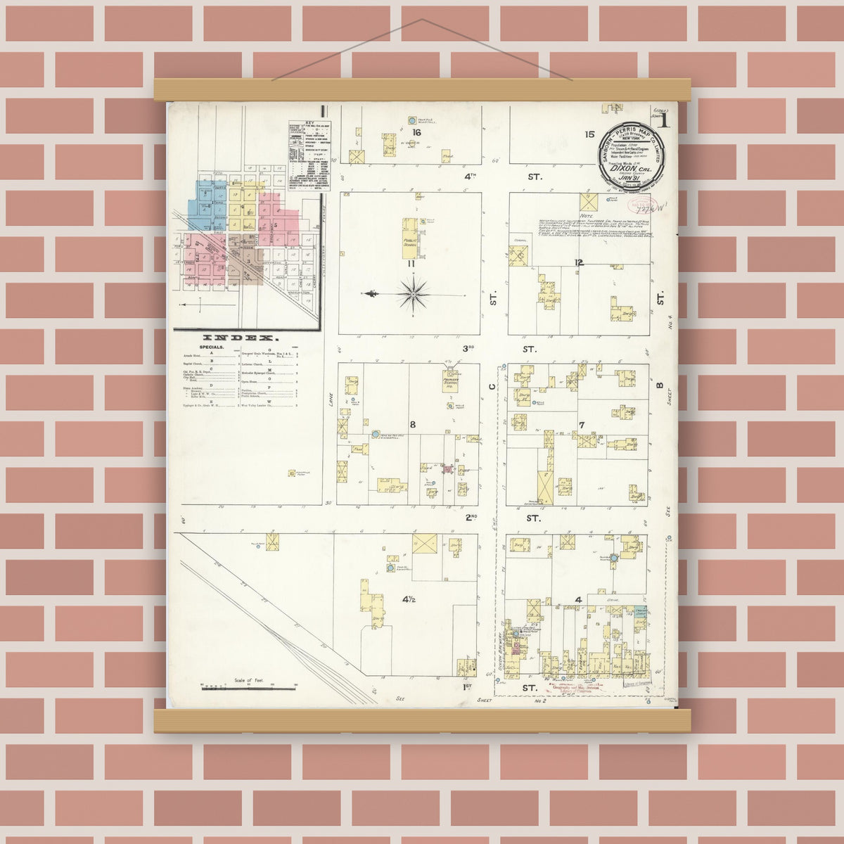 Old map wall art mockup — magnetic wood frame on brick wall — Sanborn Fire Insurance Map from Dixon, Solano County, California (1891), Sheet #0001