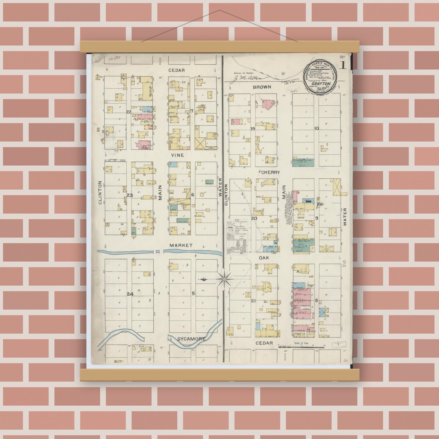 Old map wall art mockup — magnetic wood frame on brick wall — Sanborn Fire Insurance Map from Grafton, Jersey County, Illinois (1894), Sheet #0001