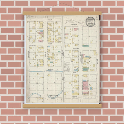 Old map wall art mockup — magnetic wood frame on brick wall — Sanborn Fire Insurance Map from Grafton, Jersey County, Illinois (1894), Sheet #0001