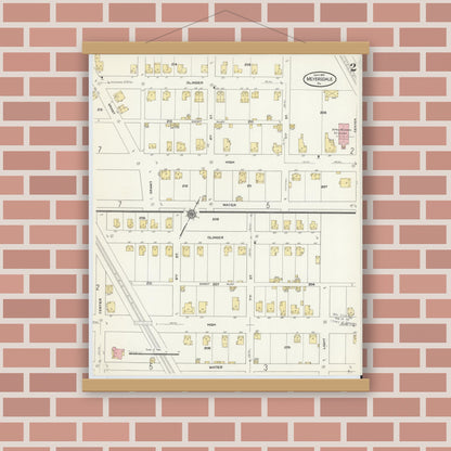 Old map wall art mockup — magnetic wood frame on brick wall — Sanborn Fire Insurance Map from Meyersdale, Somerset County, Pennsylvania (1910), Sheet #0002